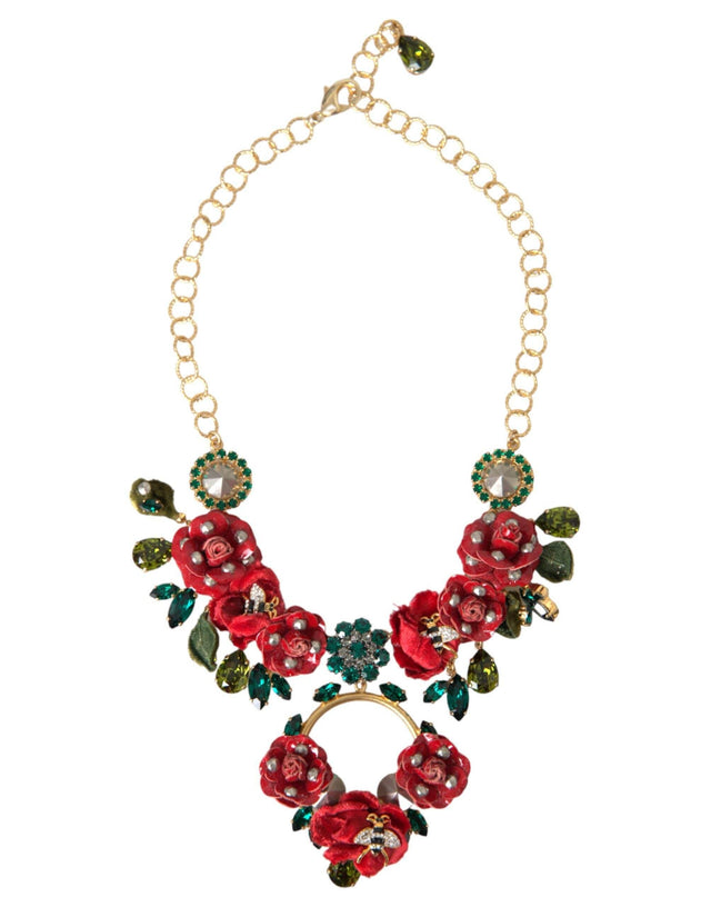 Dolce & Gabbana Gold Brass Link Chain RosePetal Crystal Pendant Necklace - Hilstor