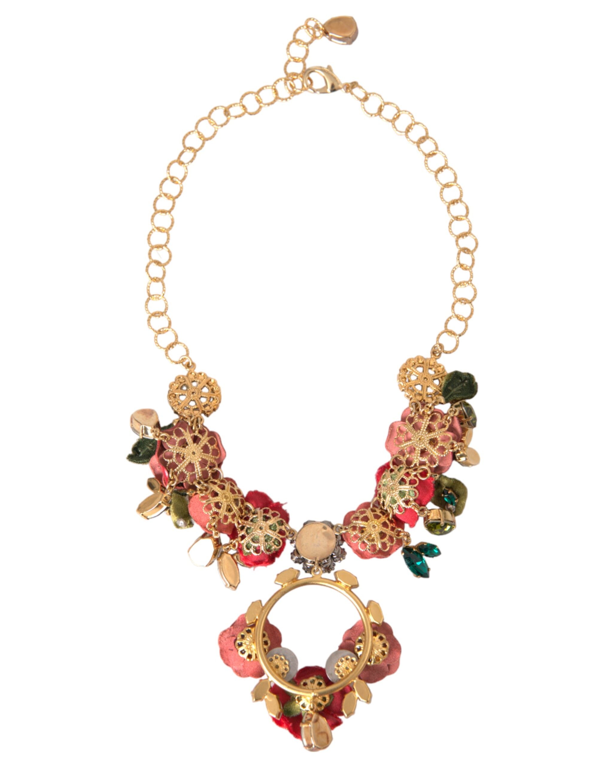 Dolce &amp; Gabbana Gold Messing Link Chain RosePetal Crystal Pendant halskæde
