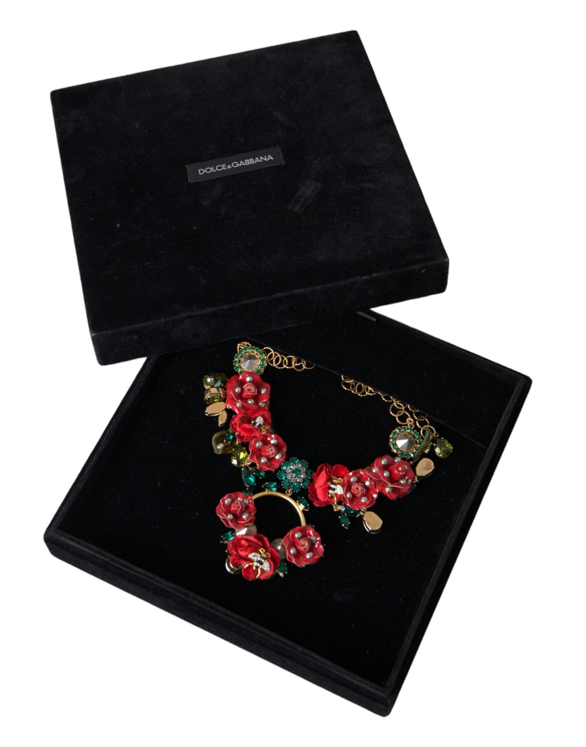 Dolce &amp; Gabbana Gold Messing Link Chain RosePetal Crystal Pendant halskæde