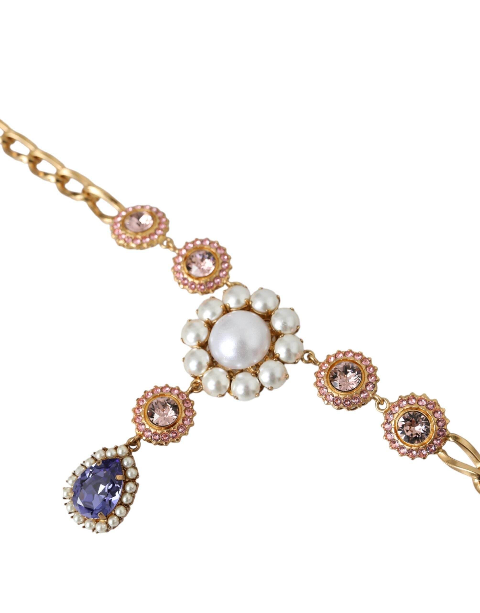 Dolce & Gabbana Gold Brass Crystal Purple Pink Pearl Pendants Necklace - Hilstor