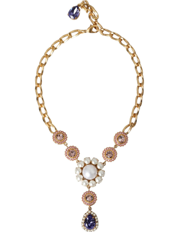 Dolce & Gabbana Gold Brass Crystal Purple Pink Pearl Pendants Necklace - Hilstor