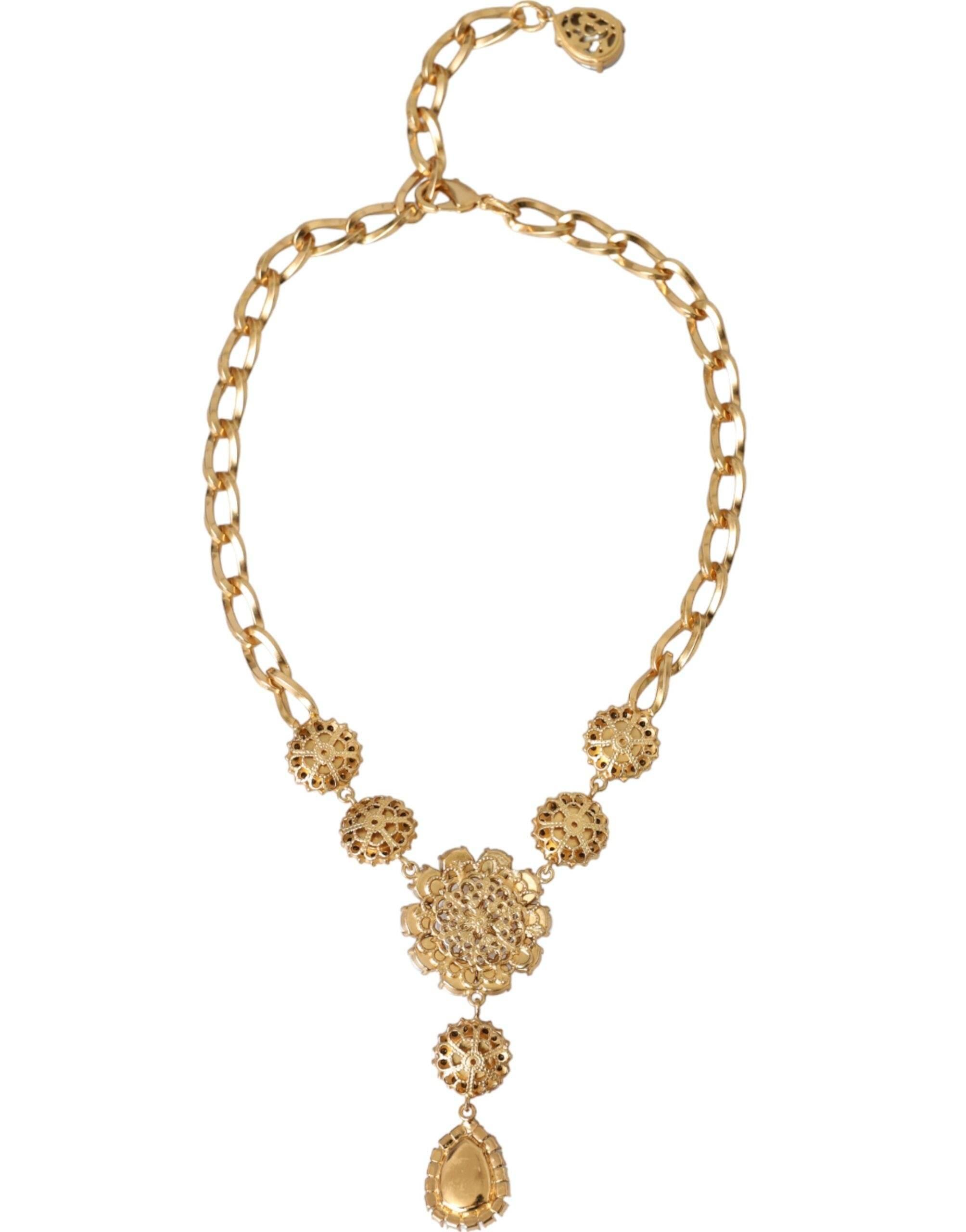 Dolce & Gabbana Gold Brass Crystal Purple Pink Pearl Pendants Necklace - Hilstor