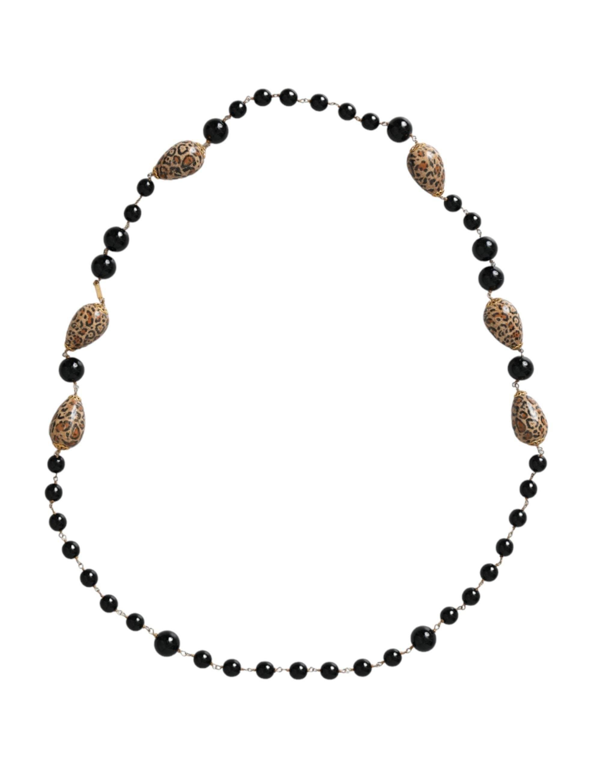 Dolce & Gabbana Gold Tone Brass Black Printed Beaded Long Chain Necklace - Hilstor