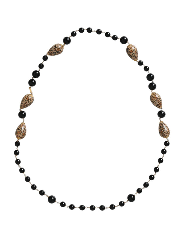 Dolce & Gabbana Gold Tone Brass Black Printed Beaded Long Chain Necklace - Hilstor