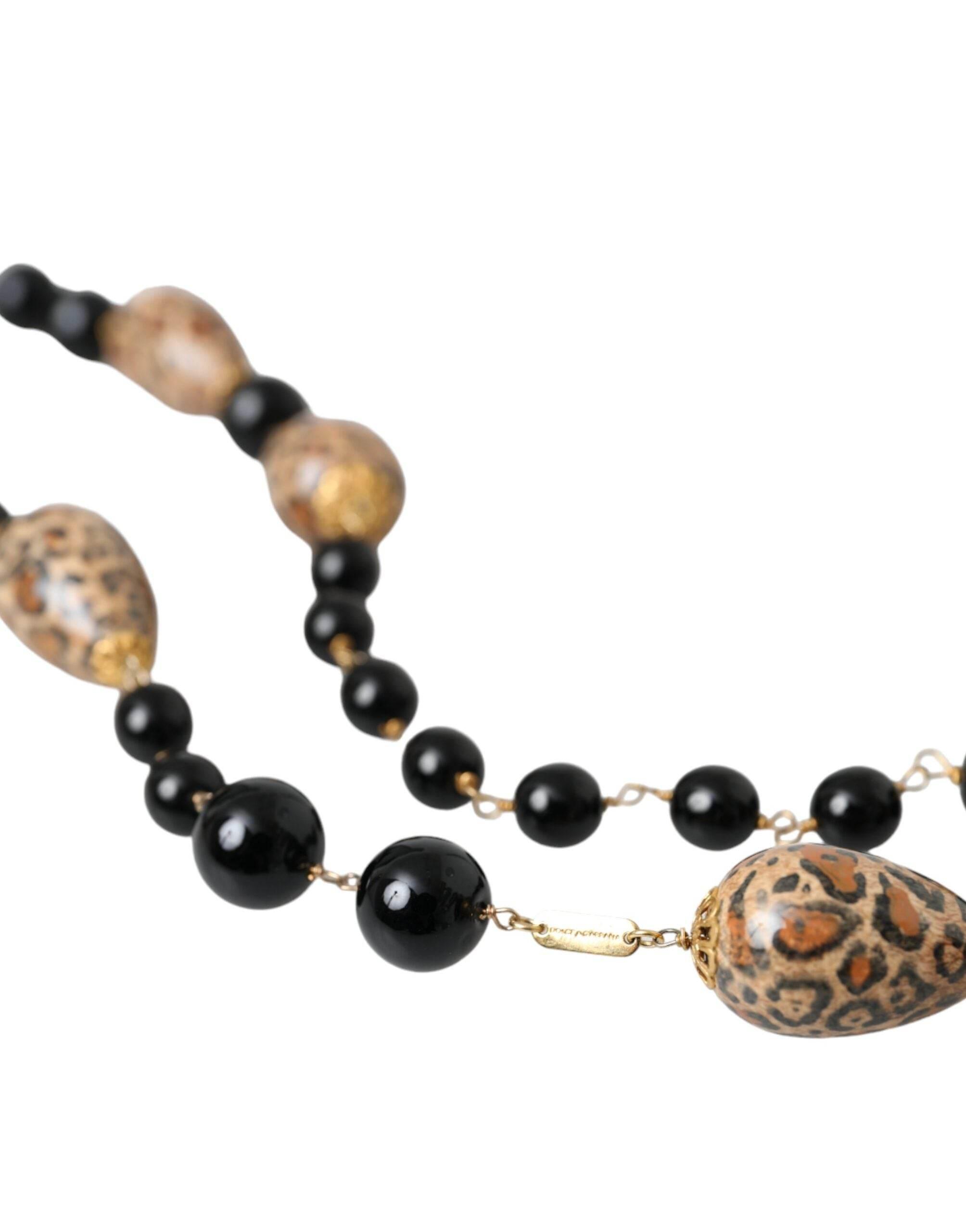 Dolce & Gabbana Gold Tone Brass Black Printed Beaded Long Chain Necklace - Hilstor