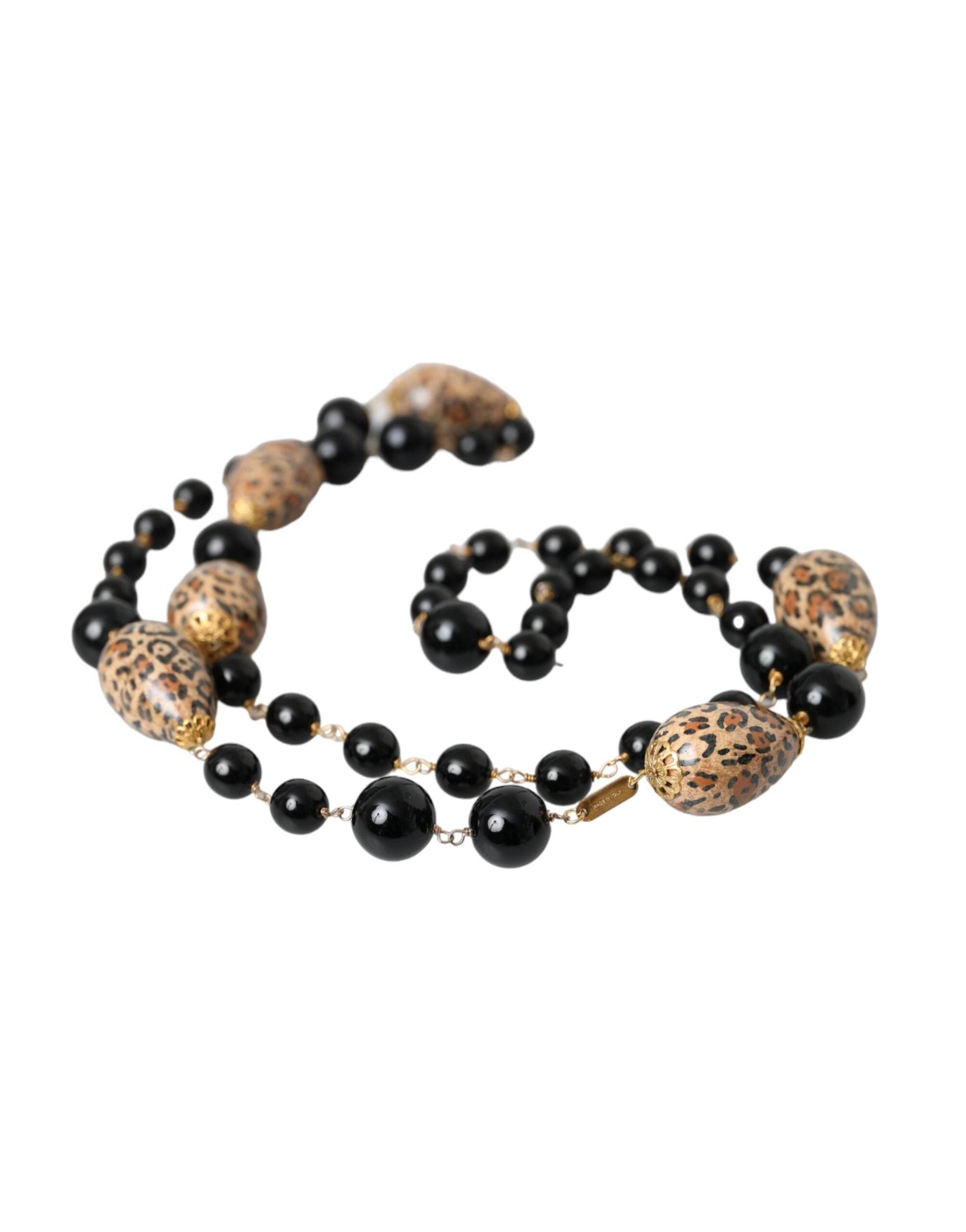 Dolce & Gabbana Gold Tone Brass Black Printed Beaded Long Chain Necklace - Hilstor