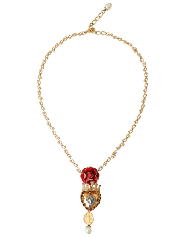 Dolce & Gabbana Gold BrassChain Sacred Heart Rose Crystal Charm Necklace - Hilstor