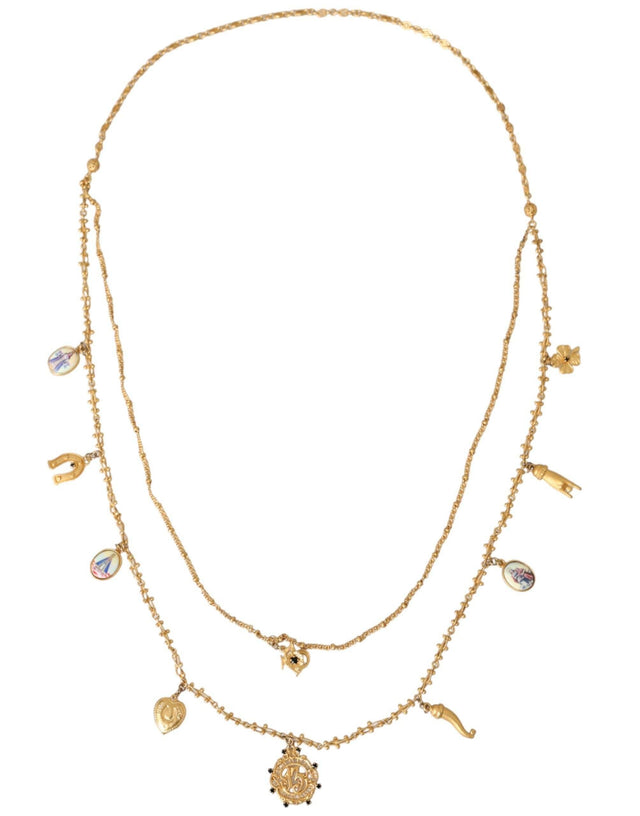 Dolce & Gabbana Gold Tone Chain Brass Charm Statement Sicily Necklace - Hilstor