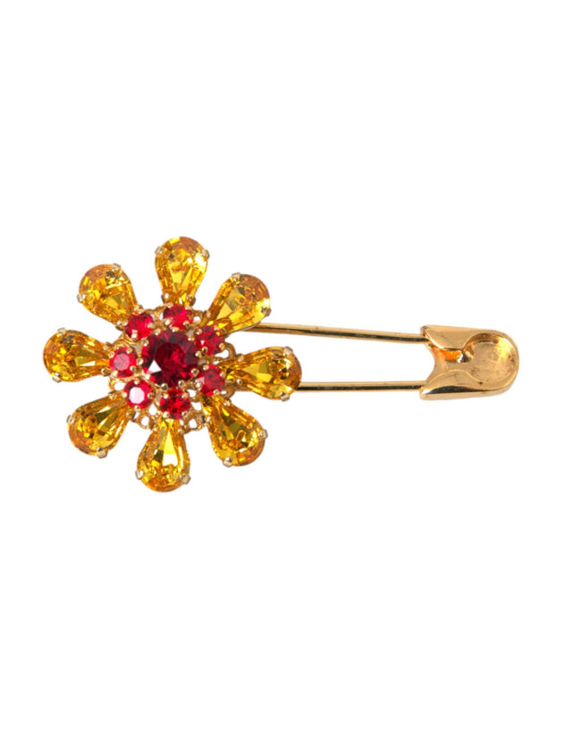 Dolce & Gabbana Gold Brass Floral Crystal Jewelry Brooch Pin - Hilstor