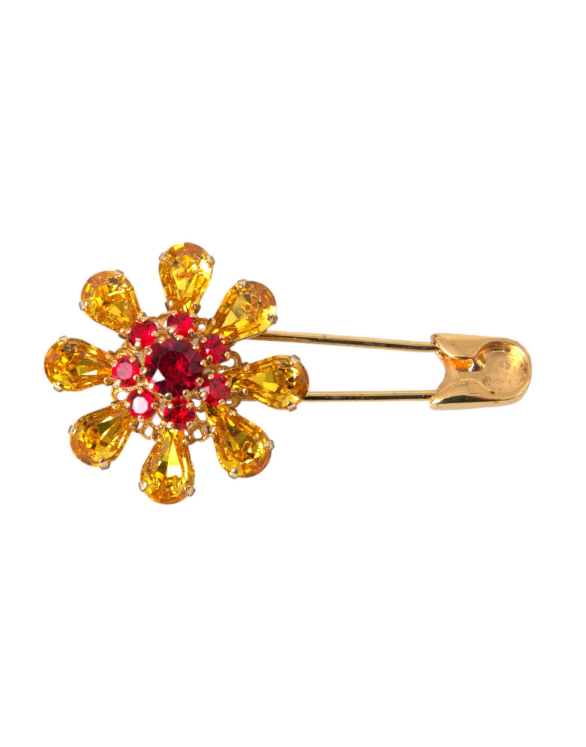 Dolce & Gabbana Gold Brass Floral Crystal Jewelry Brooch Pin - Hilstor
