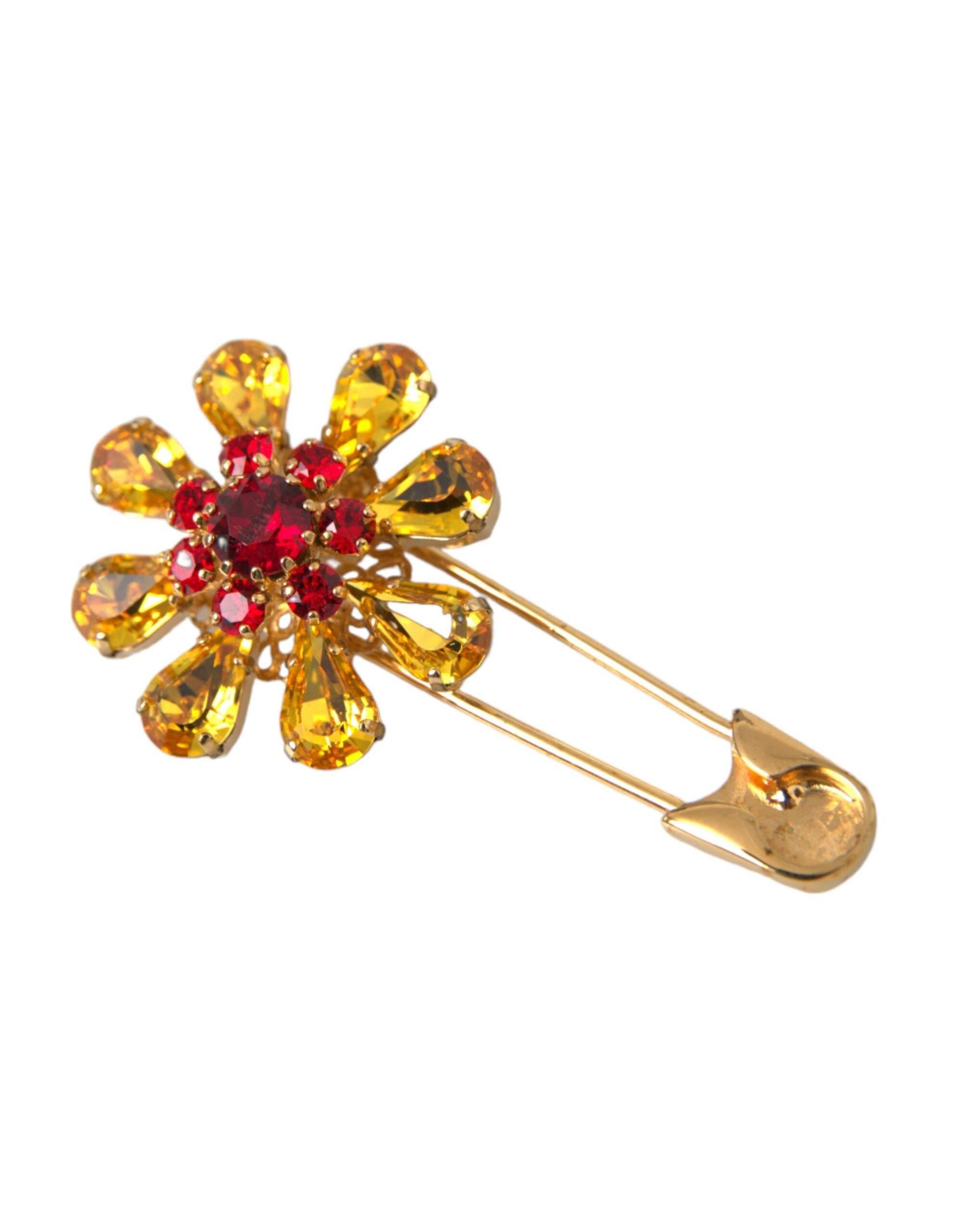 Dolce & Gabbana Gold Brass Floral Crystal Jewelry Brooch Pin - Hilstor