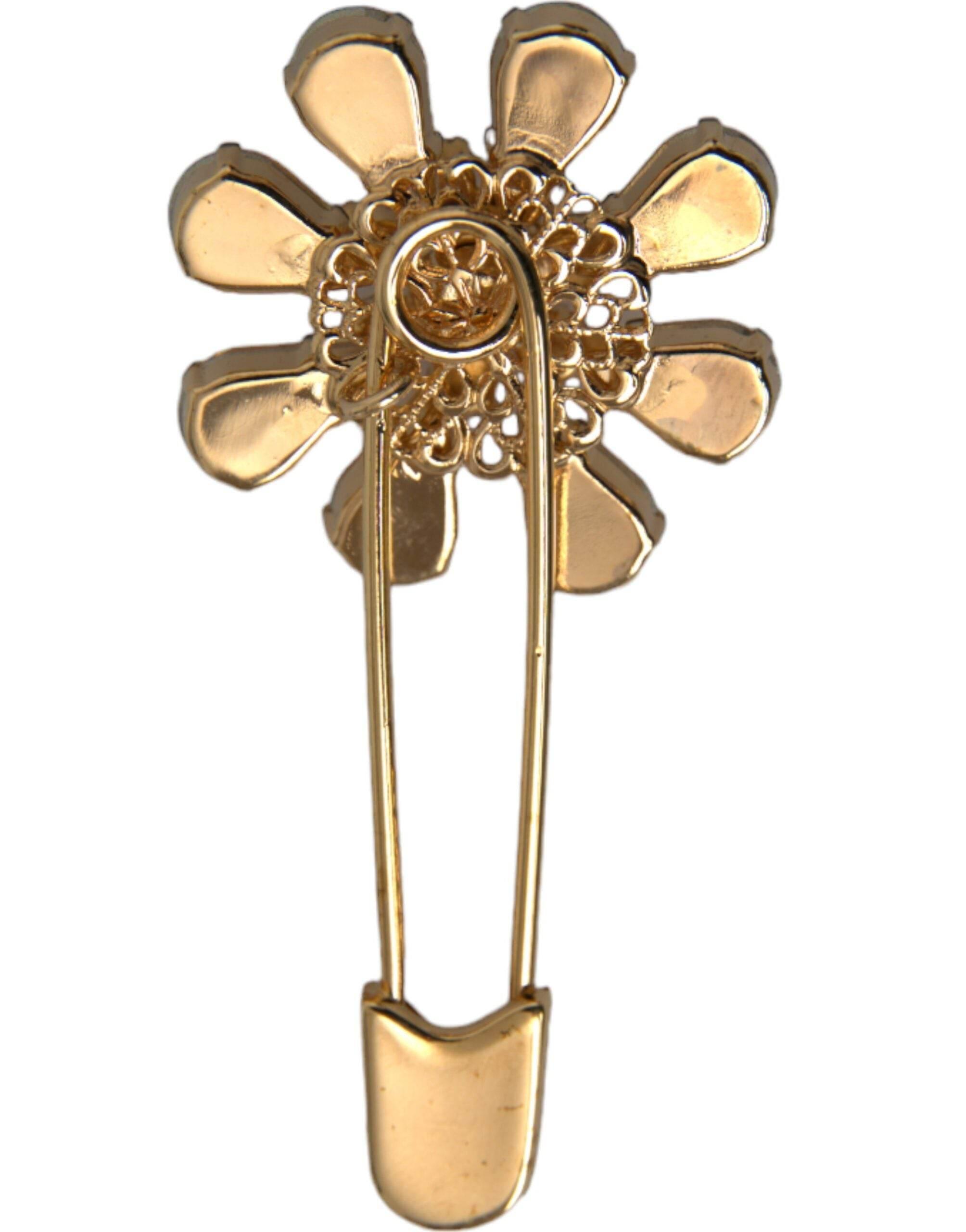 Dolce & Gabbana Gold Brass Floral Crystal Jewelry Brooch Pin - Hilstor