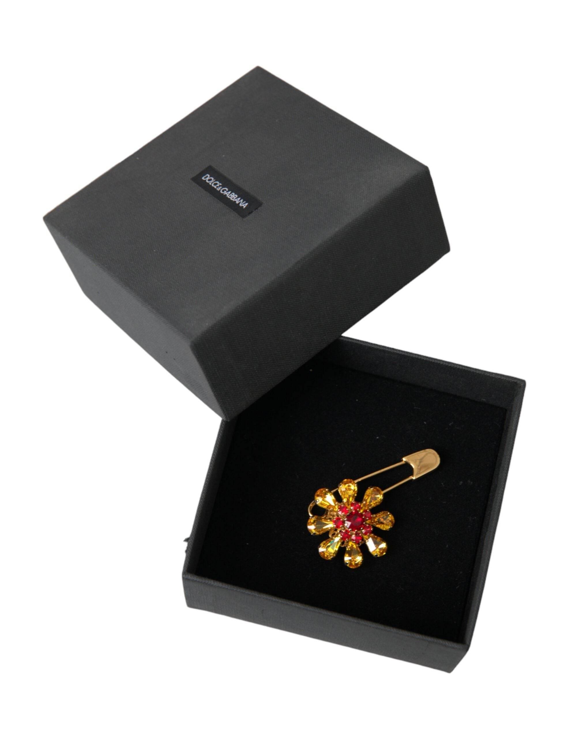 Dolce & Gabbana Gold Brass Floral Crystal Jewelry Brooch Pin - Hilstor
