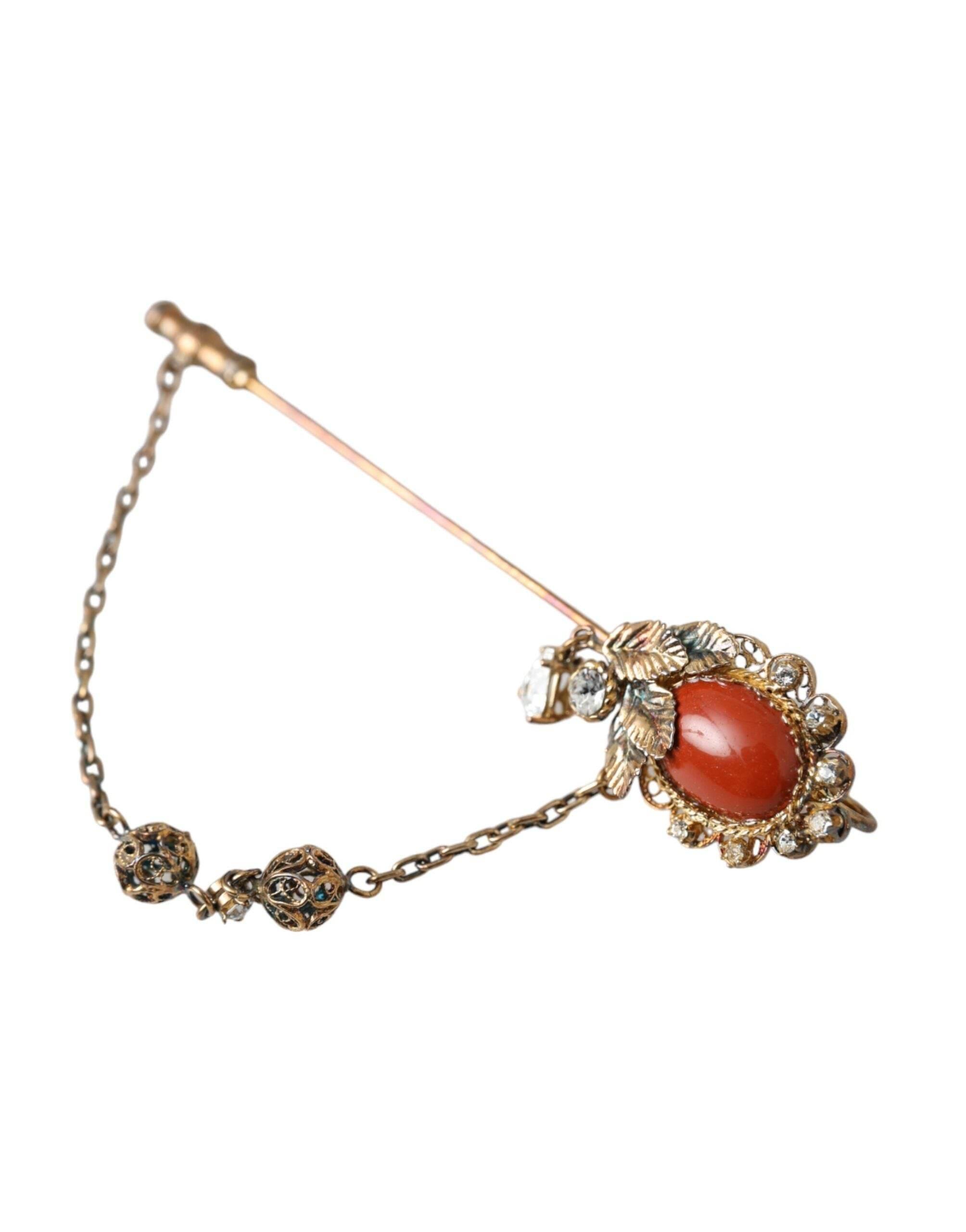 Dolce & Gabbana Gold Brass Crystal Chain 925 Sterling Silver Pin Brooch - Hilstor