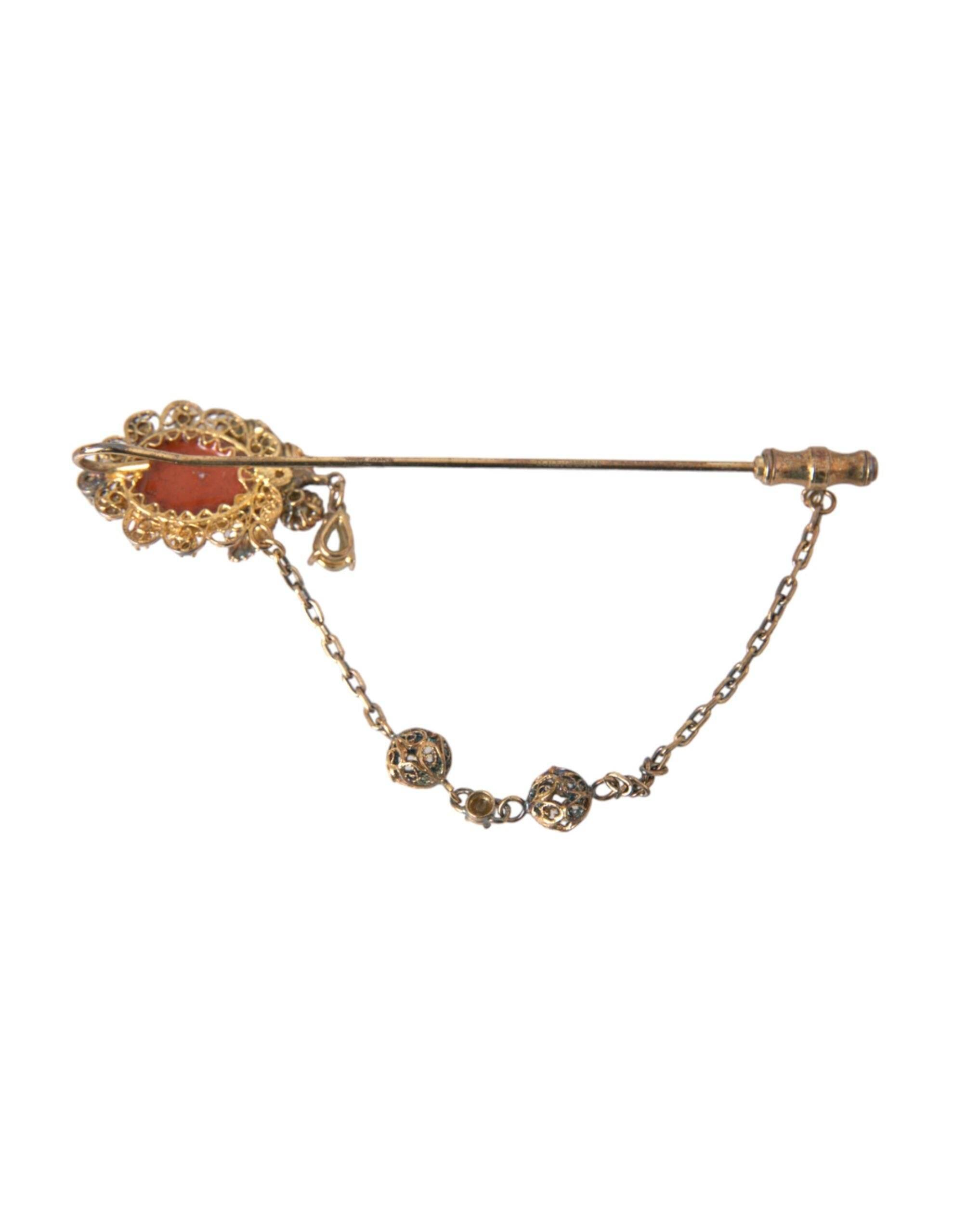 Dolce & Gabbana Gold Brass Crystal Chain 925 Sterling Silver Pin Brooch - Hilstor