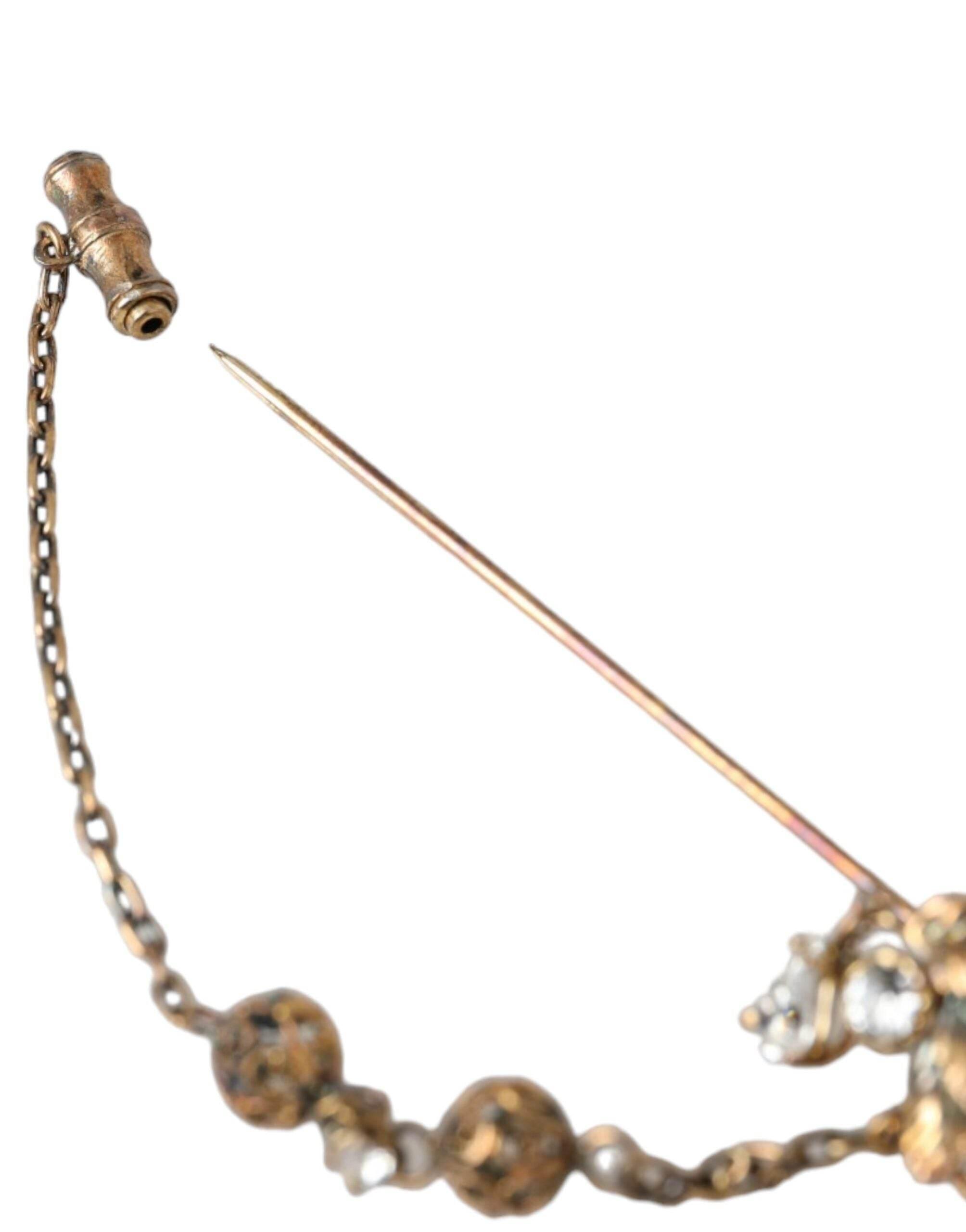 Dolce & Gabbana Gold Brass Crystal Chain 925 Sterling Silver Pin Brooch - Hilstor