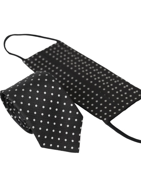Dolce & Gabbana Black White Polka Dots 100% Silk Necktie Face Mask - Hilstor