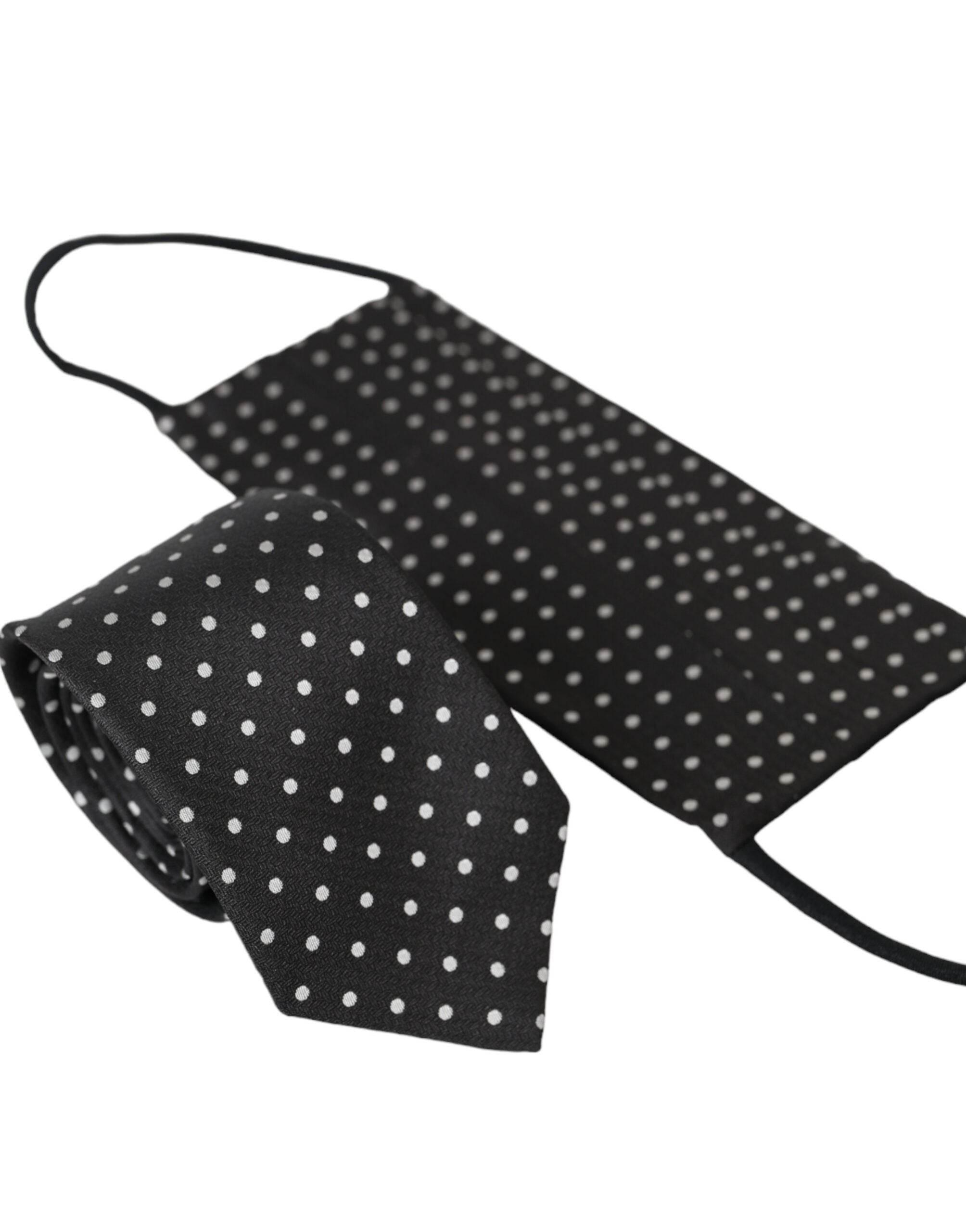 Dolce & Gabbana Black White Polka Dots 100% Silk Necktie Face Mask - Hilstor