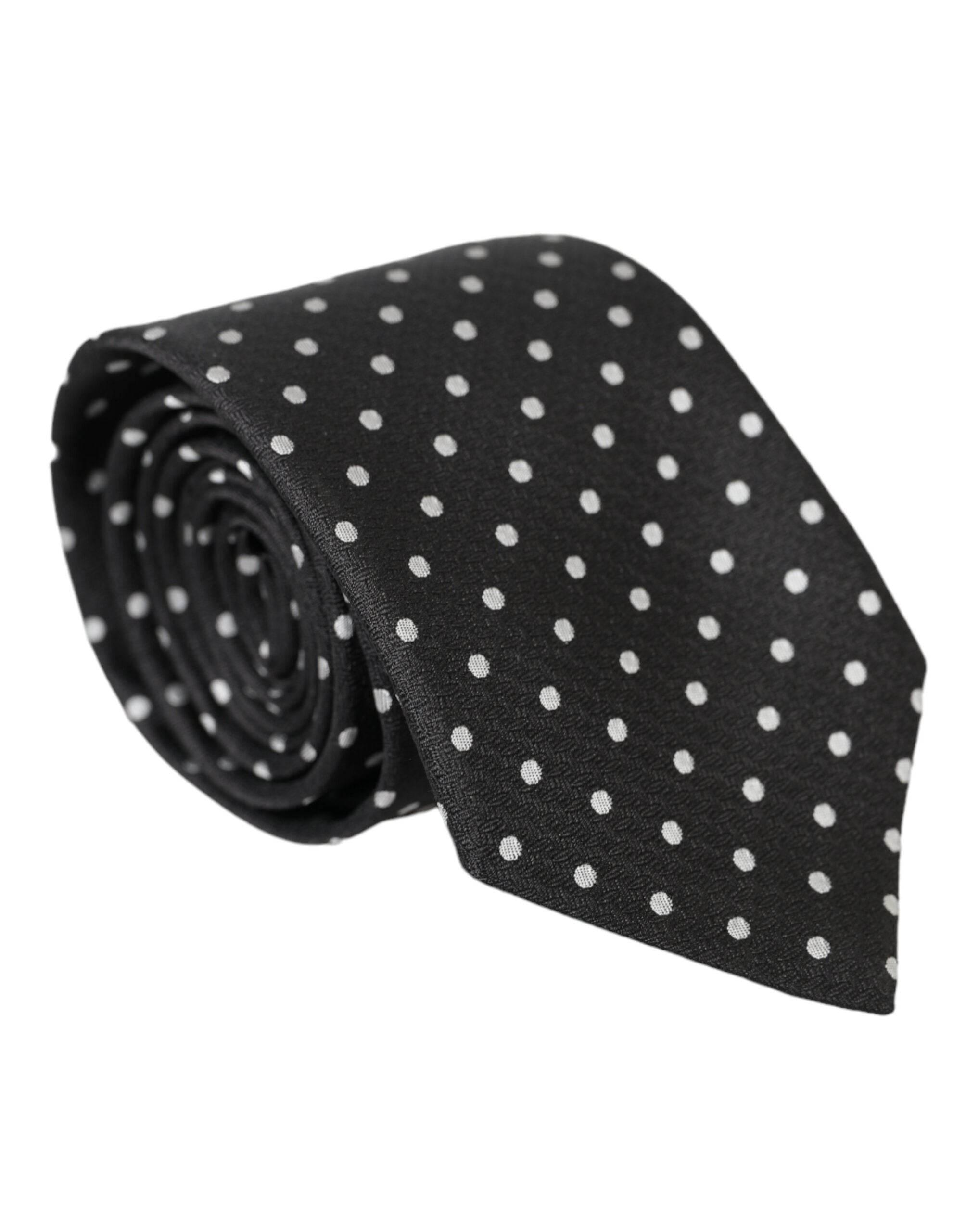 Dolce & Gabbana Black White Polka Dots 100% Silk Necktie Face Mask - Hilstor