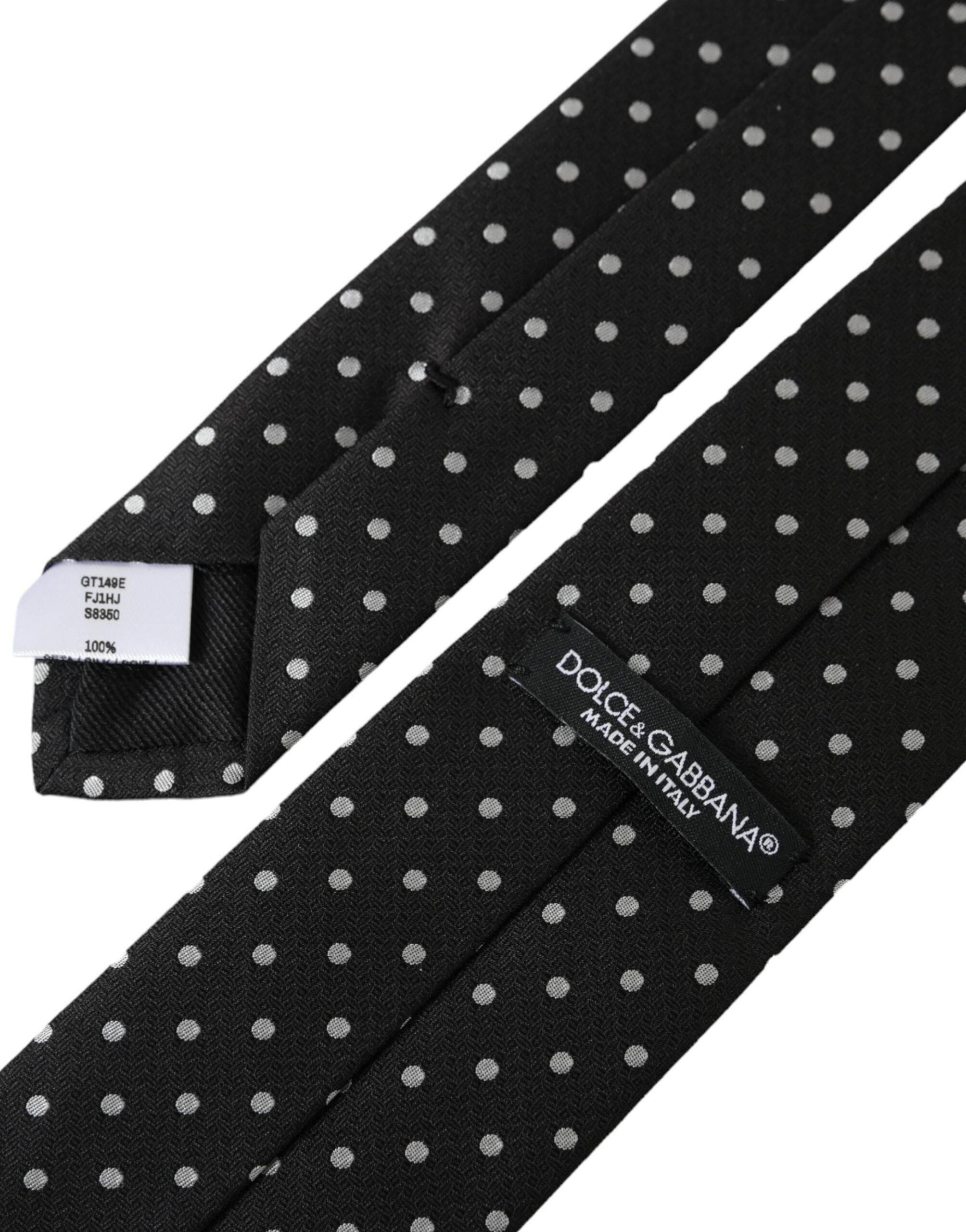 Dolce & Gabbana Black White Polka Dots 100% Silk Necktie Face Mask - Hilstor