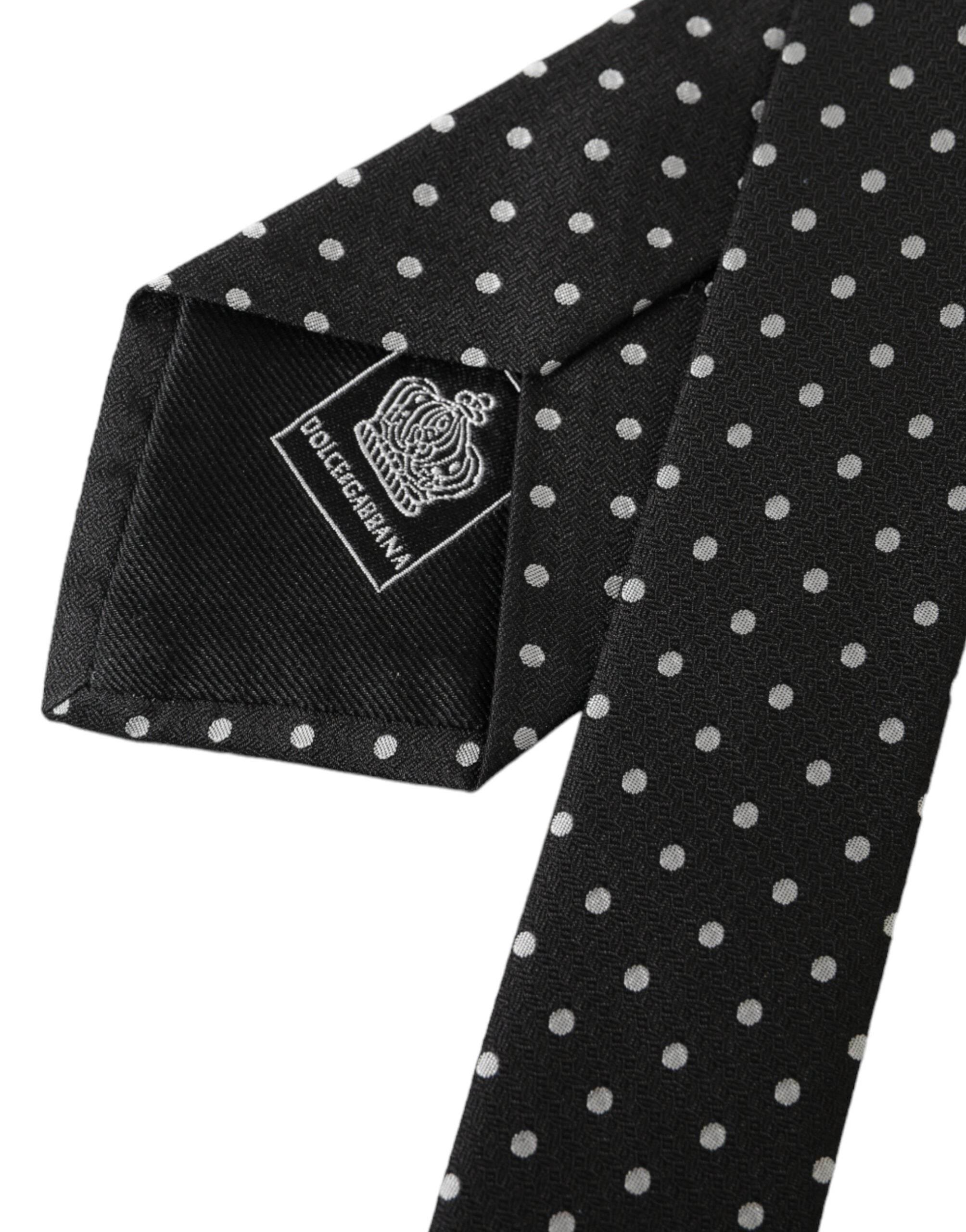 Dolce & Gabbana Black White Polka Dots 100% Silk Necktie Face Mask - Hilstor