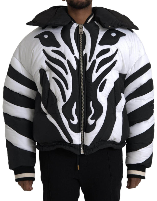 Dolce & Gabbana Black White Stripes Hooded Puffer Jacket - Hilstor
