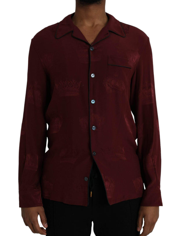 Dolce & Gabbana Maroon Crown Jacquard Silk Long Sleeve Shirt - Hilstor
