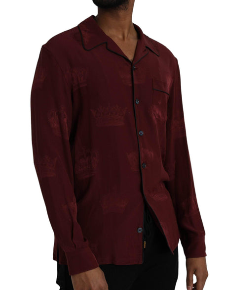 Dolce & Gabbana Maroon Crown Jacquard Silk Long Sleeve Shirt - Hilstor