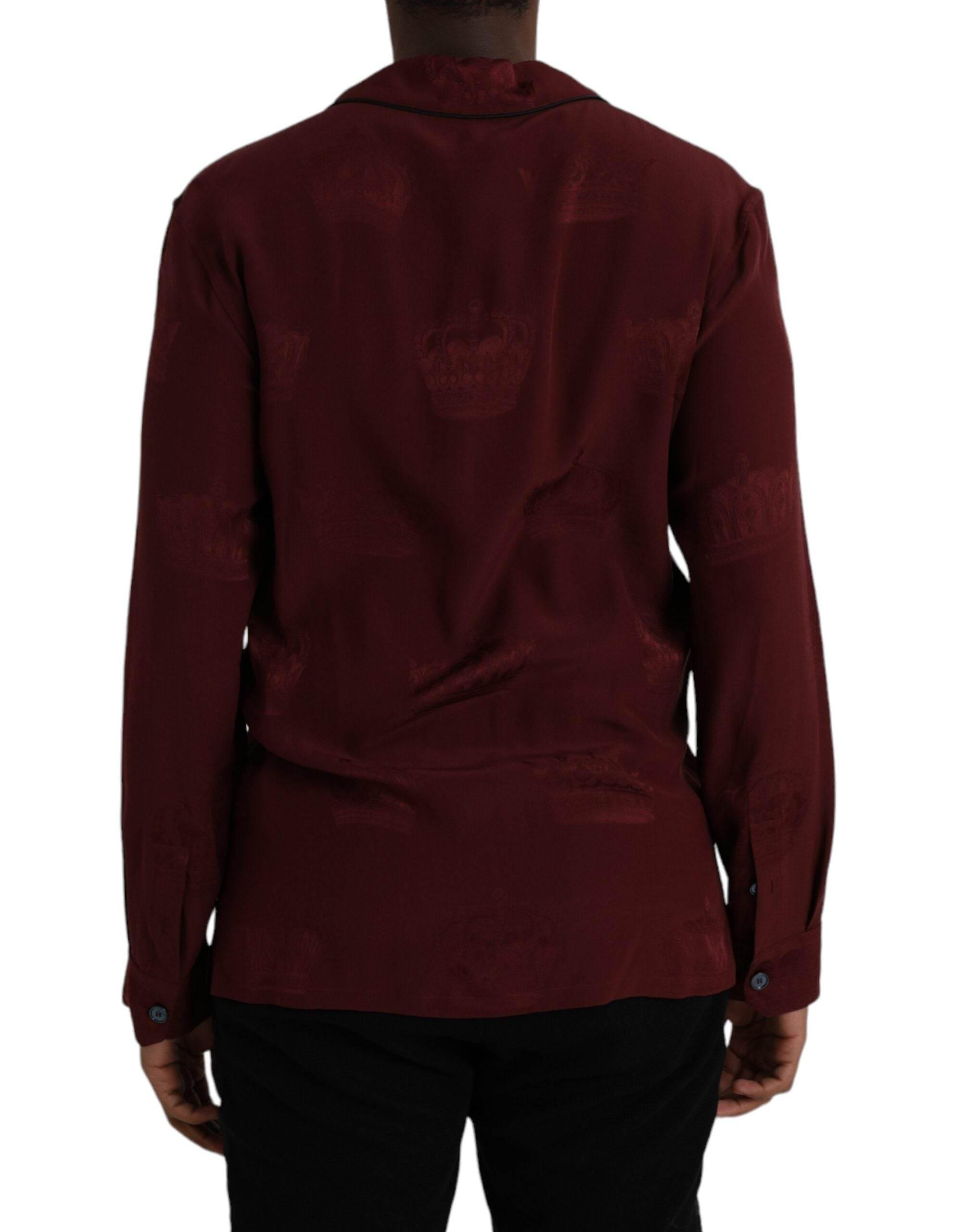 Dolce & Gabbana Maroon Crown Jacquard Silk Long Sleeve Shirt - Hilstor