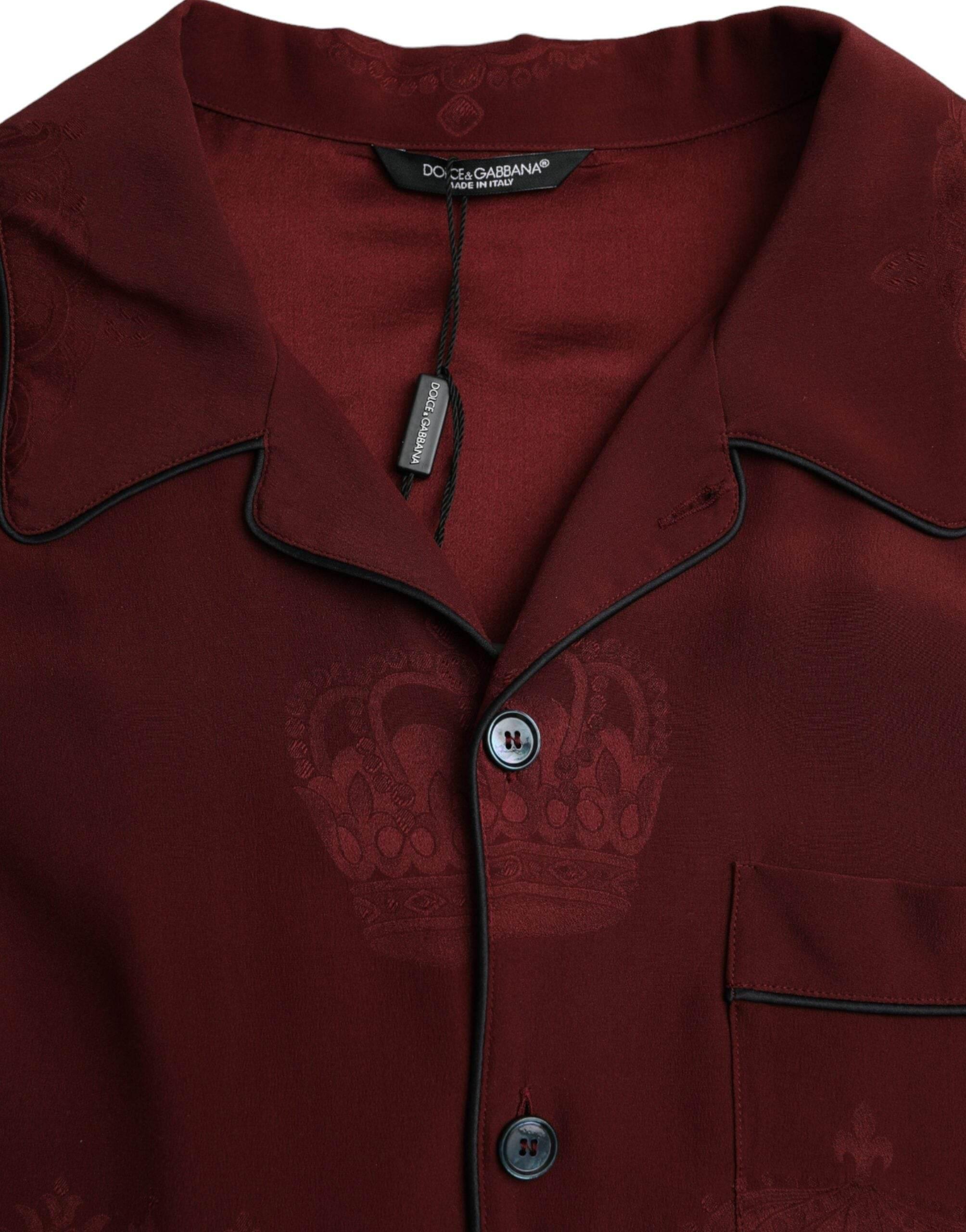 Dolce & Gabbana Maroon Crown Jacquard Silk Long Sleeve Shirt - Hilstor