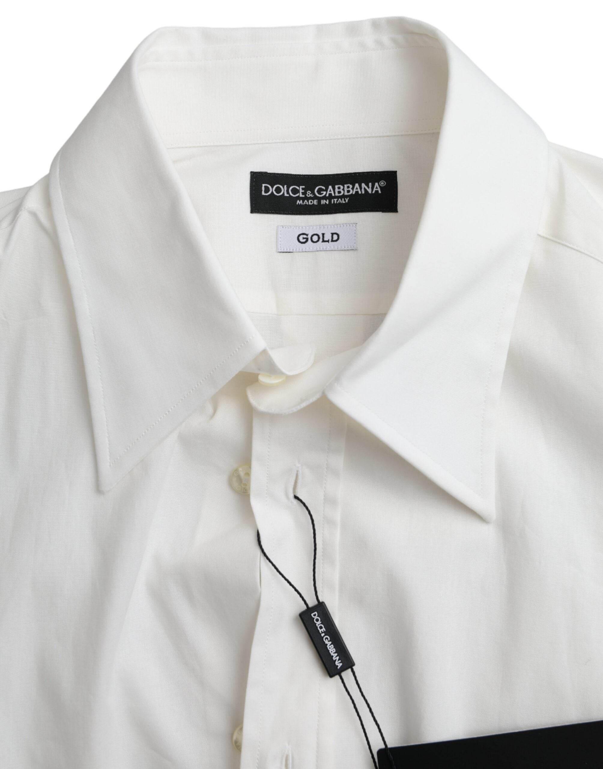 Dolce & Gabbana White Cotton Dress Slim Fit GOLD Shirt - Hilstor