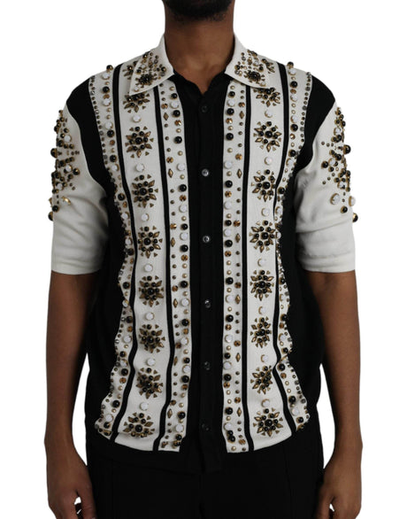 Dolce & Gabbana White Black Silk Studded Stone Crystal Shirt - Hilstor