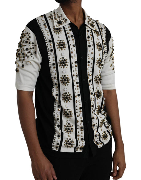 Dolce & Gabbana White Black Silk Studded Stone Crystal Shirt - Hilstor