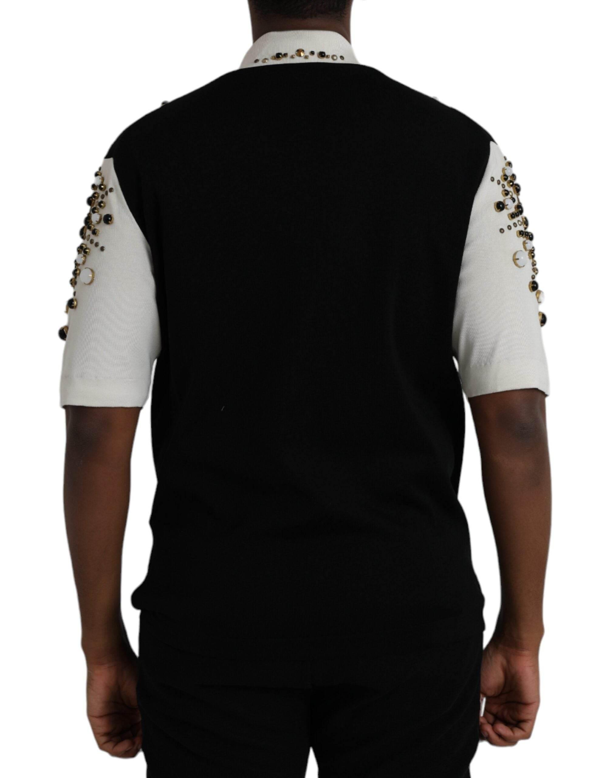 Dolce & Gabbana White Black Silk Studded Stone Crystal Shirt - Hilstor