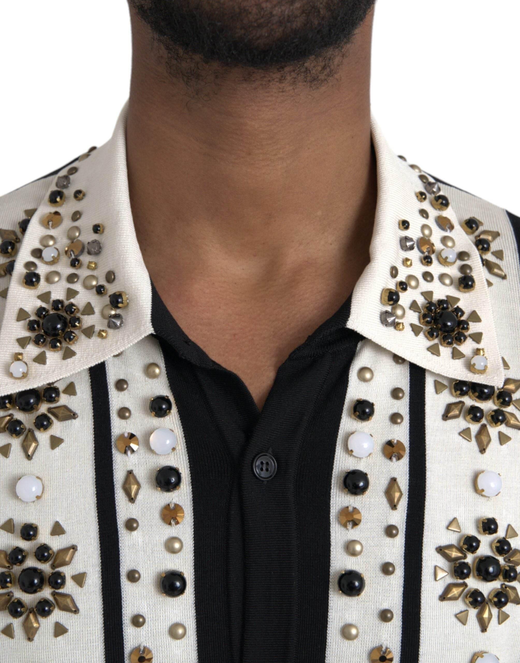 Dolce & Gabbana White Black Silk Studded Stone Crystal Shirt - Hilstor