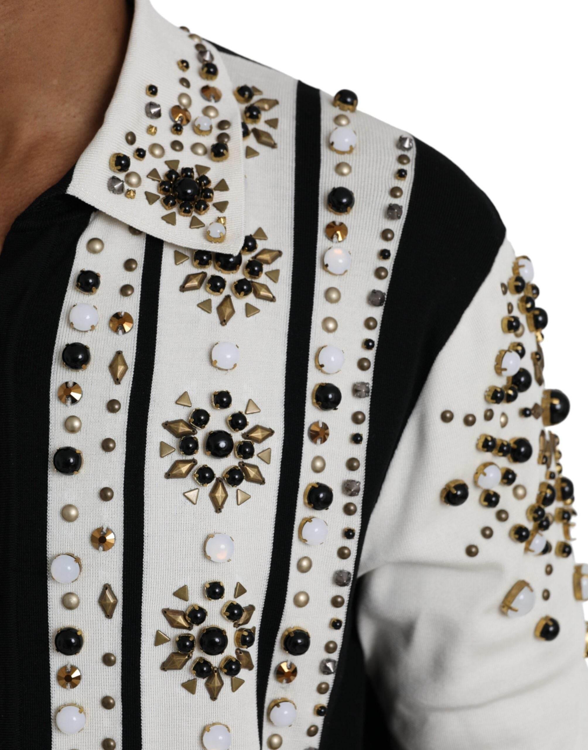 Dolce & Gabbana White Black Silk Studded Stone Crystal Shirt - Hilstor