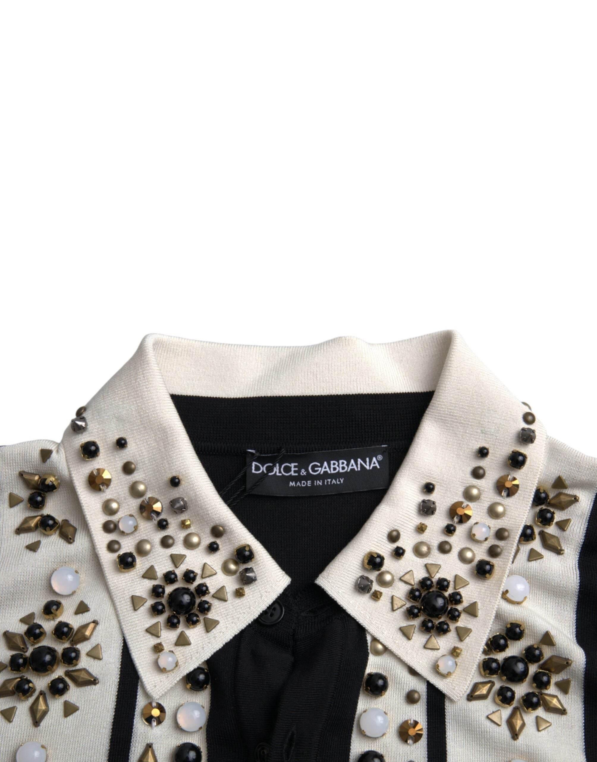 Dolce & Gabbana White Black Silk Studded Stone Crystal Shirt - Hilstor