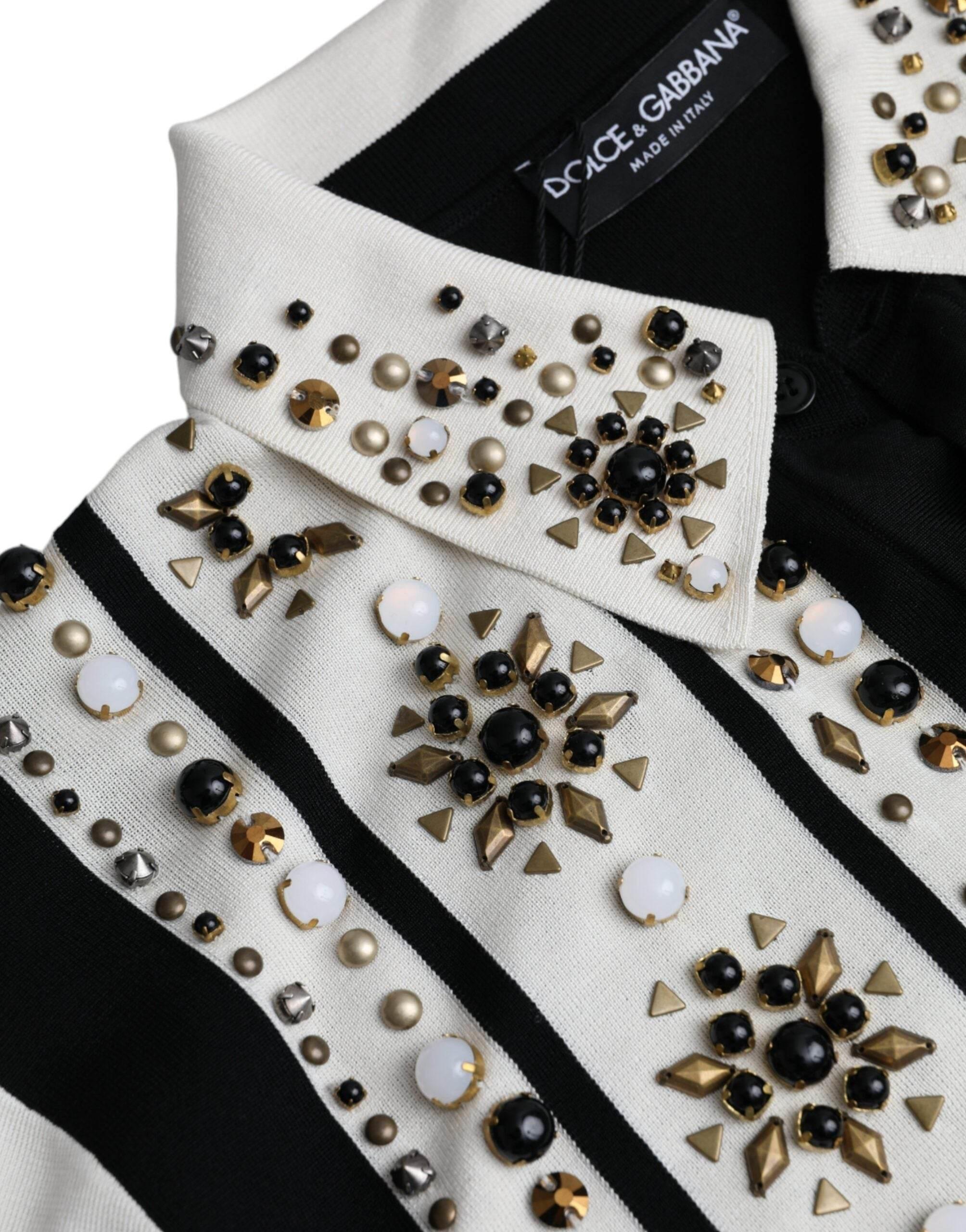 Dolce & Gabbana White Black Silk Studded Stone Crystal Shirt - Hilstor