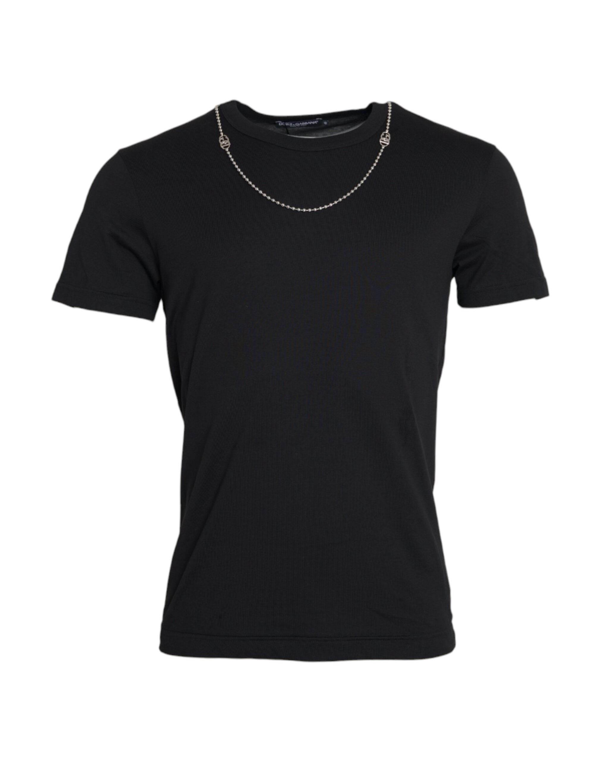 Dolce & Gabbana Black Cotton Silver Chain Short Sleeve T-shirt - Hilstor