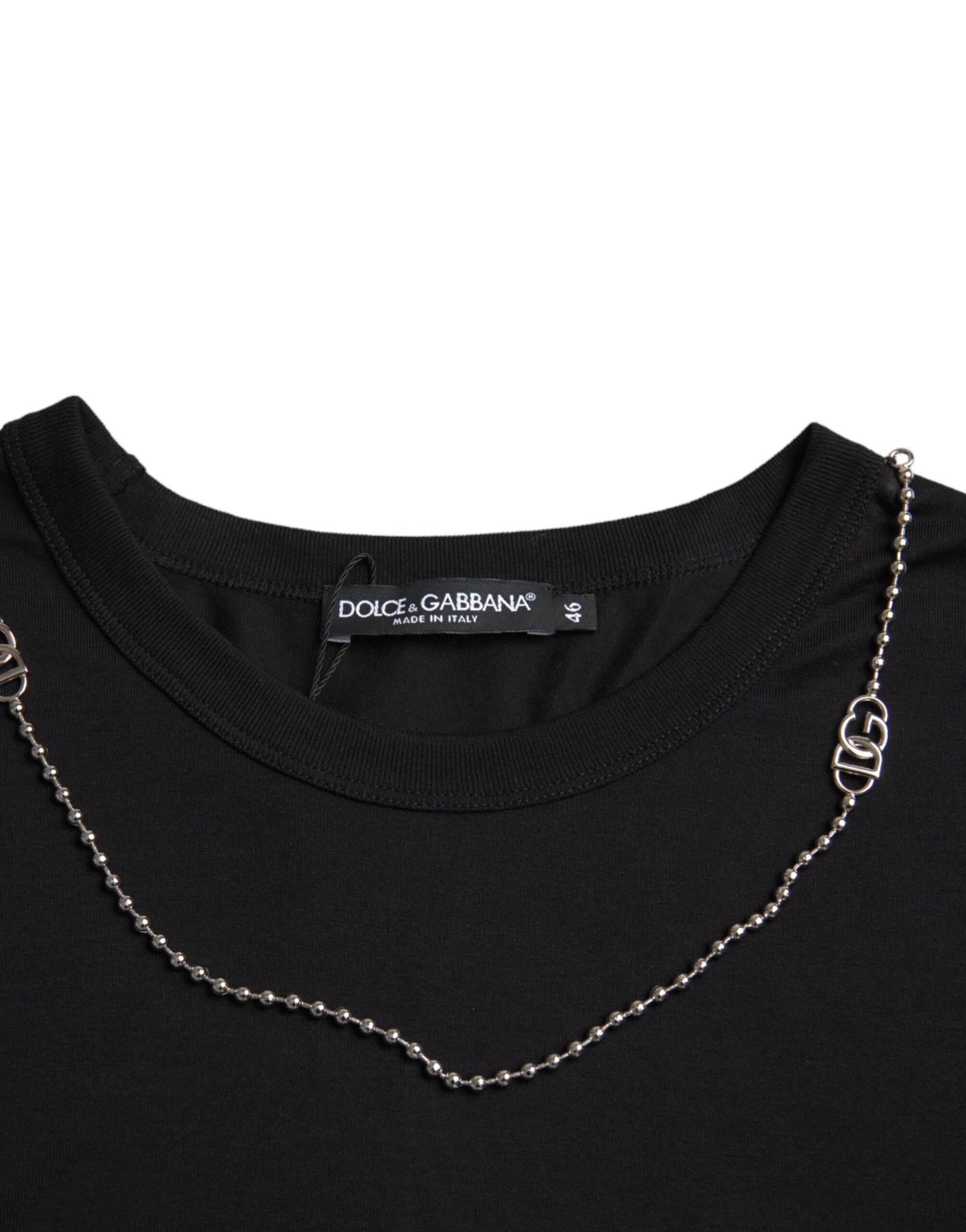 Dolce & Gabbana Black Cotton Silver Chain Short Sleeve T-shirt - Hilstor