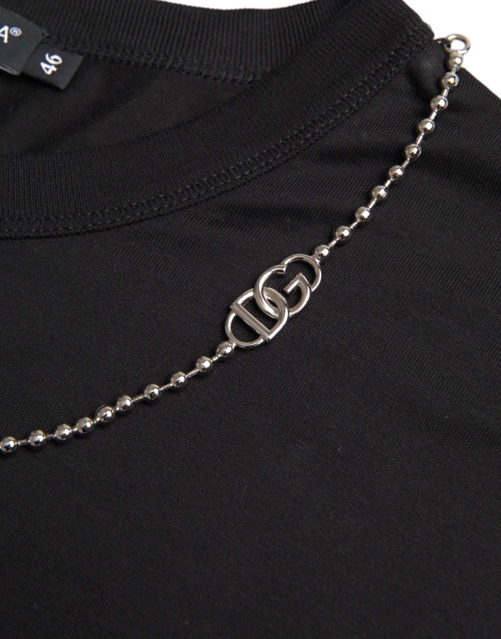 Dolce & Gabbana Black Cotton Silver Chain Short Sleeve T-shirt - Hilstor