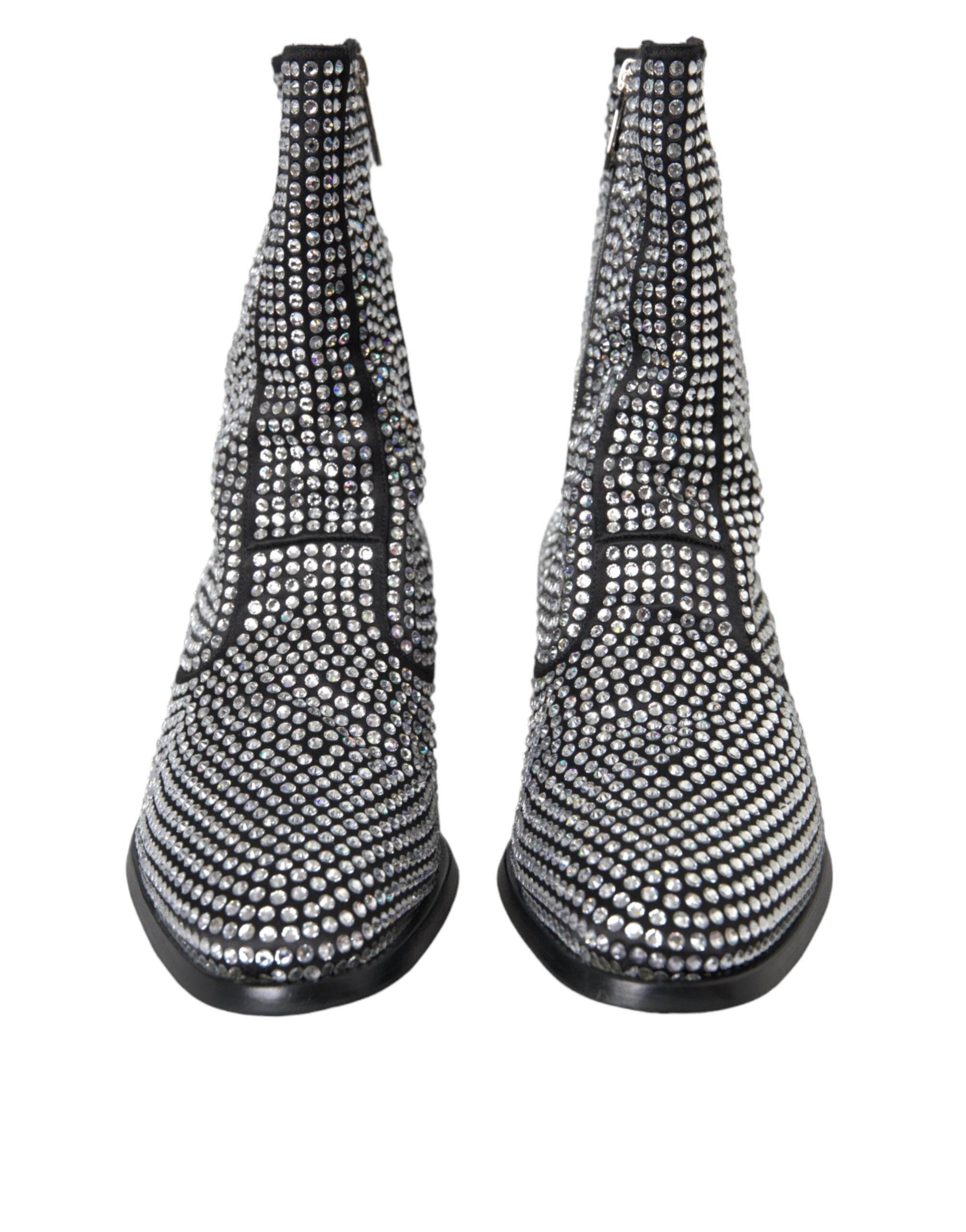 Dolce & Gabbana Black Rhinestone Crystal Chelsea Boots Shoes - Hilstor