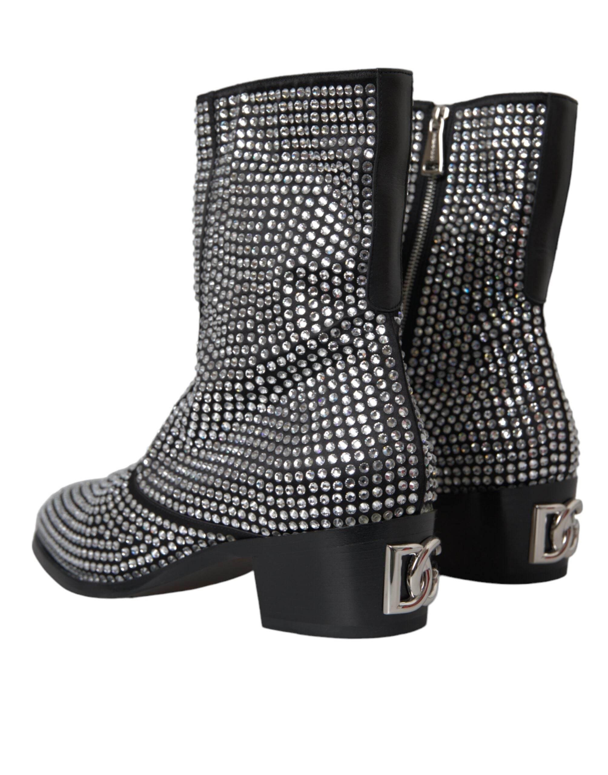 Dolce & Gabbana Black Rhinestone Crystal Chelsea Boots Shoes - Hilstor