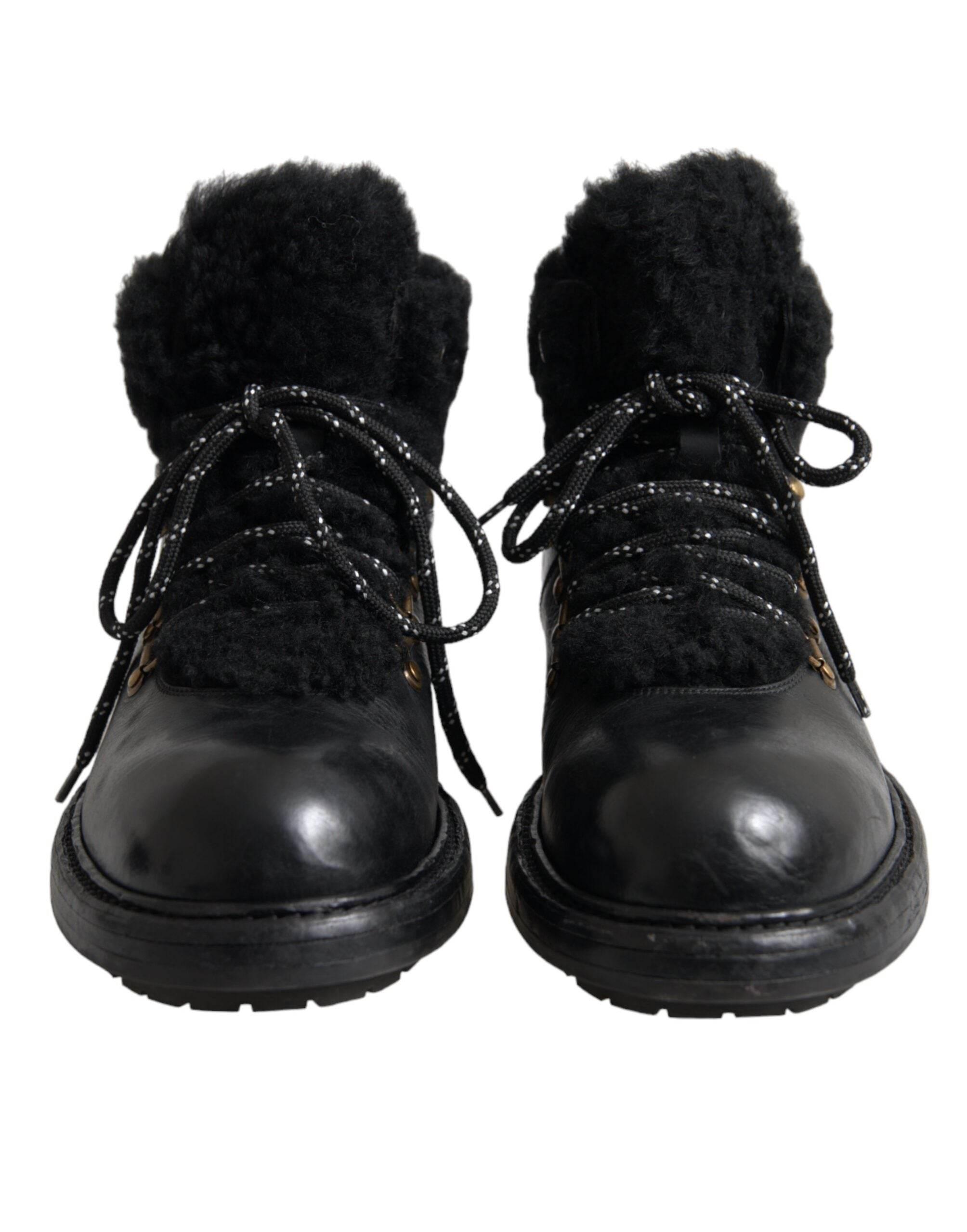 Dolce & Gabbana Black Leather Bernini Shearling Boots Shoes - Hilstor