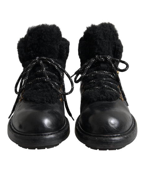 Dolce & Gabbana Black Leather Bernini Shearling Boots Shoes - Hilstor