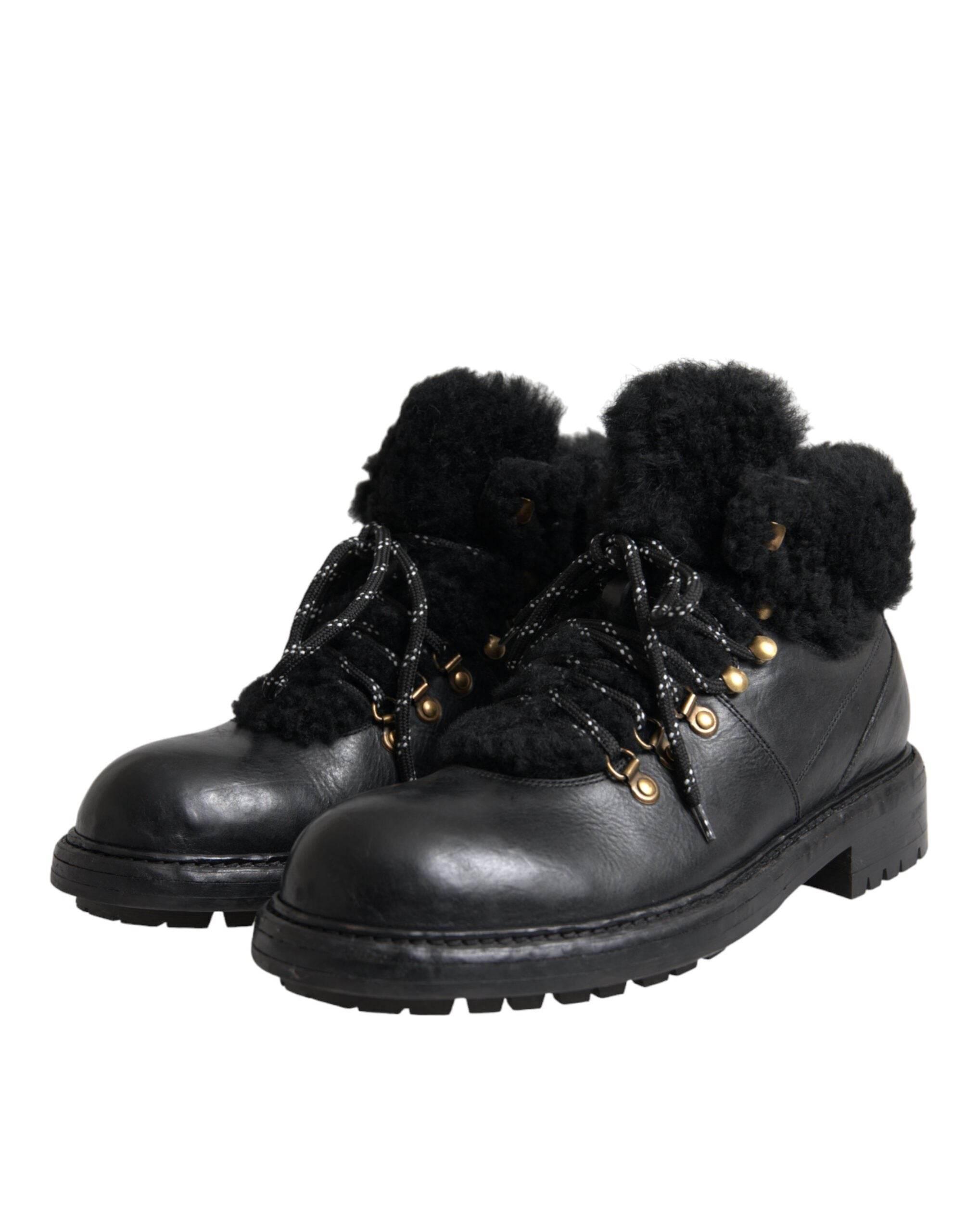 Dolce & Gabbana Black Leather Bernini Shearling Boots Shoes - Hilstor