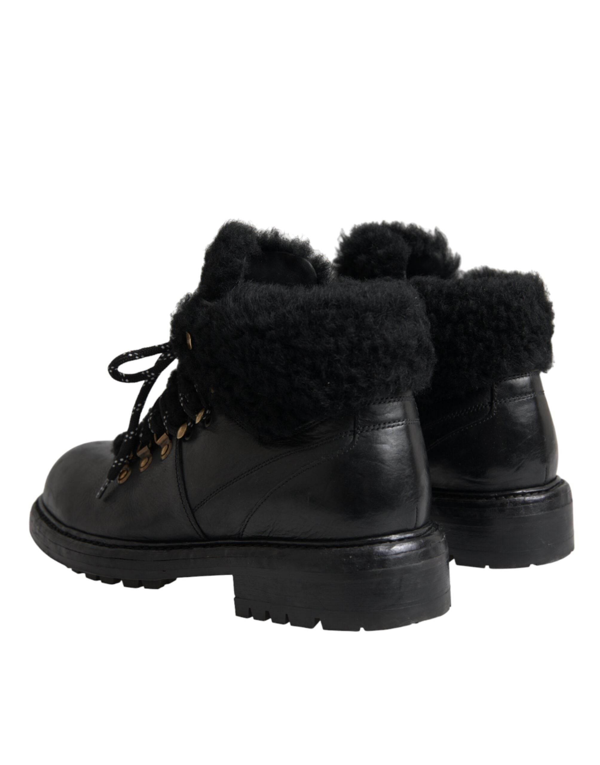 Dolce & Gabbana Black Leather Bernini Shearling Boots Shoes - Hilstor