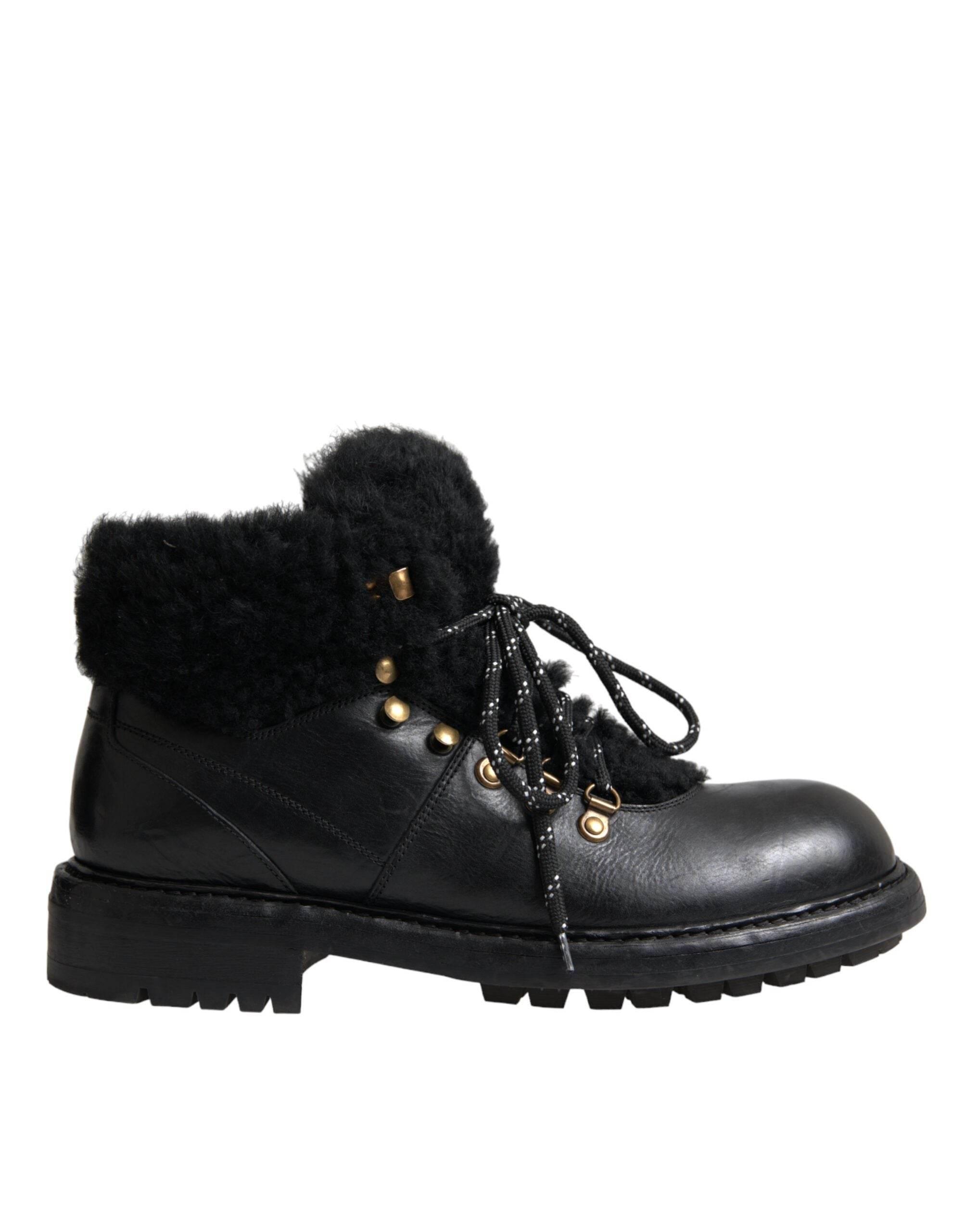 Dolce & Gabbana Black Leather Bernini Shearling Boots Shoes - Hilstor