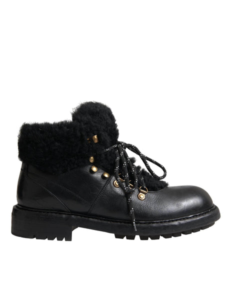 Dolce & Gabbana Black Leather Bernini Shearling Boots Shoes - Hilstor
