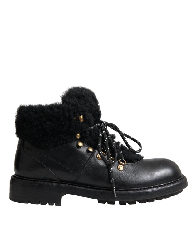 Dolce & Gabbana Black Leather Bernini Shearling Boots Shoes - Hilstor